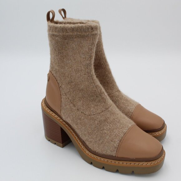 Sam Edelman Rozanna Ankle Boot Womens 9.5 Tan Knit Block Heel Chunky Y2K Sleek - Picture 1 of 11